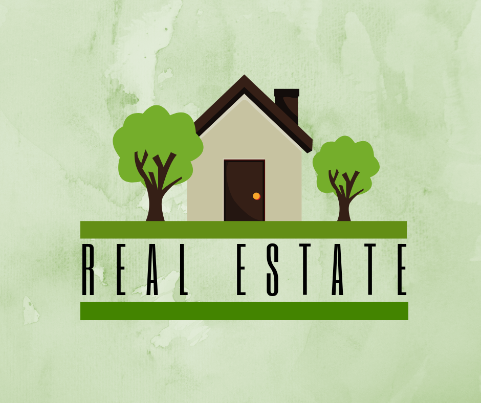 Graphic of a house, trees, property on top of the words real estate