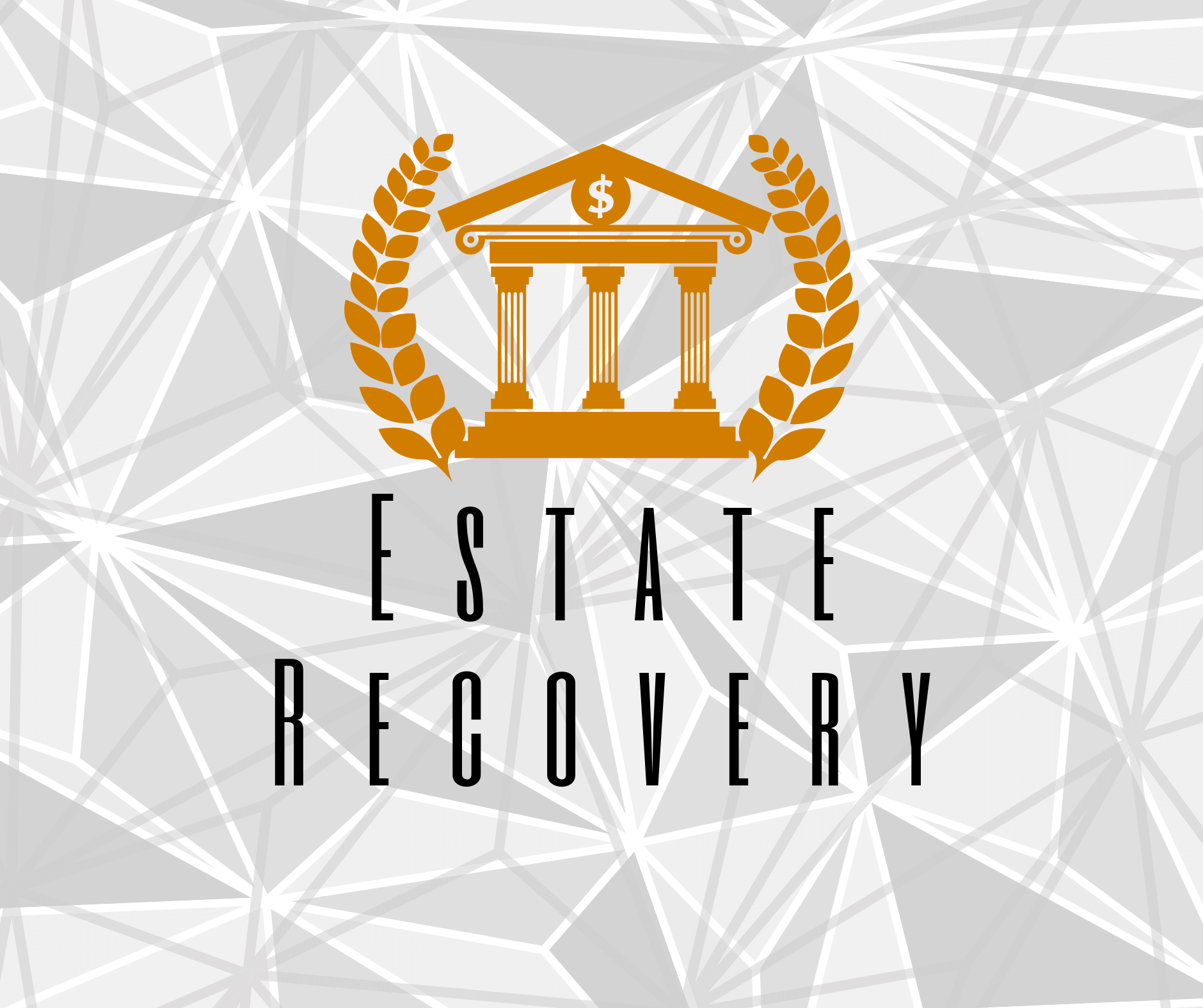 Gray triangles background with a gold courthouse and words saying Estate Recovery
